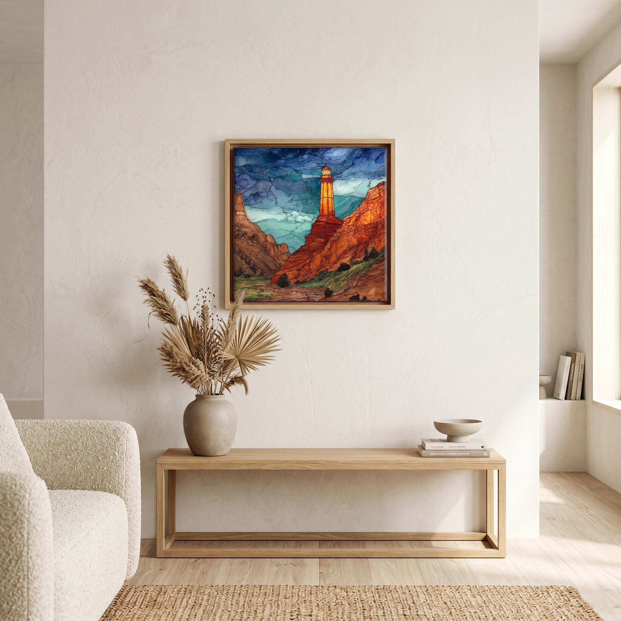 In the living room, above the sofa.