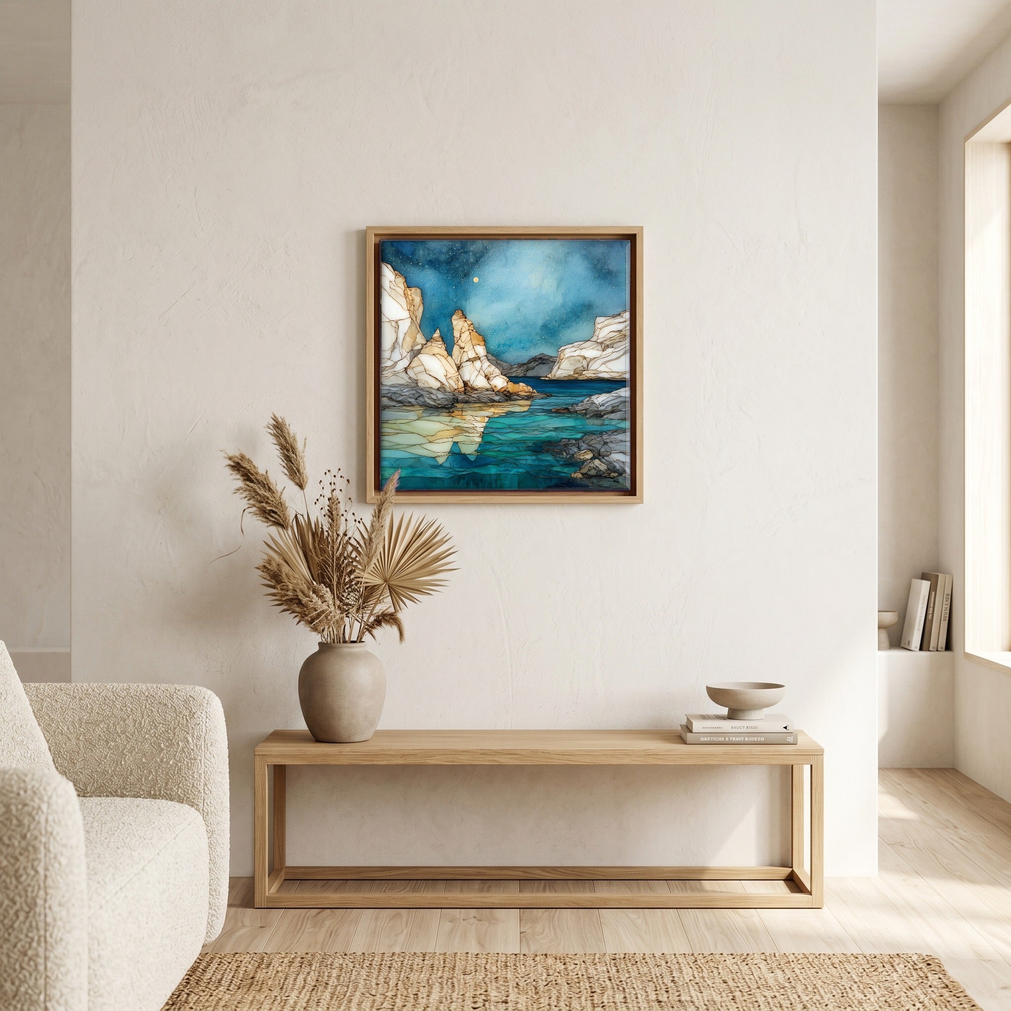 In the living room, above the sofa.