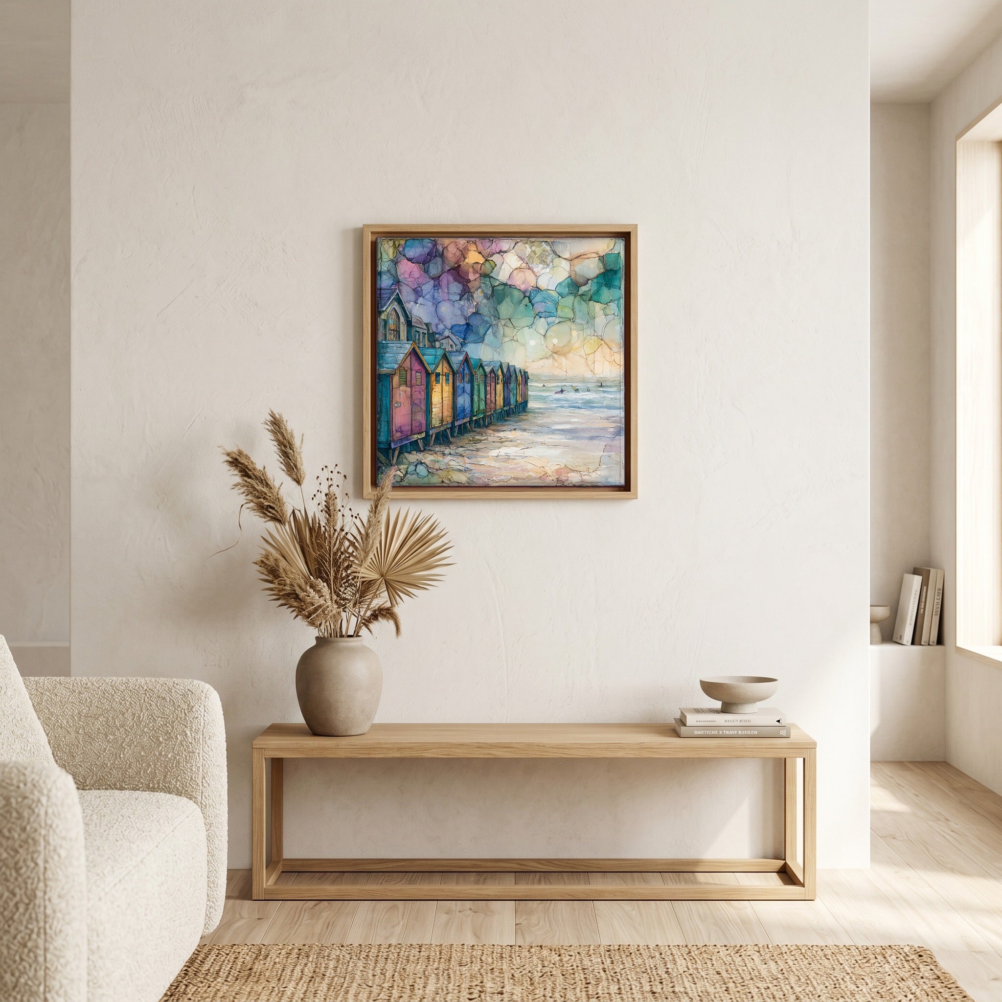 In the living room, above the sofa.