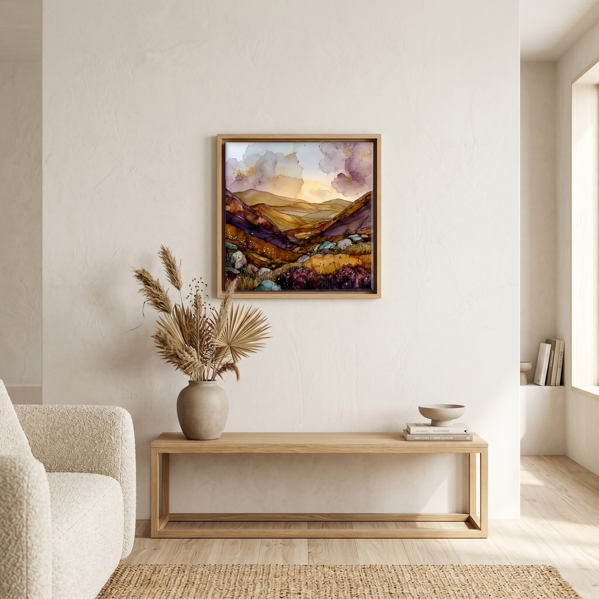 Above the bench, in a warm oak surround.