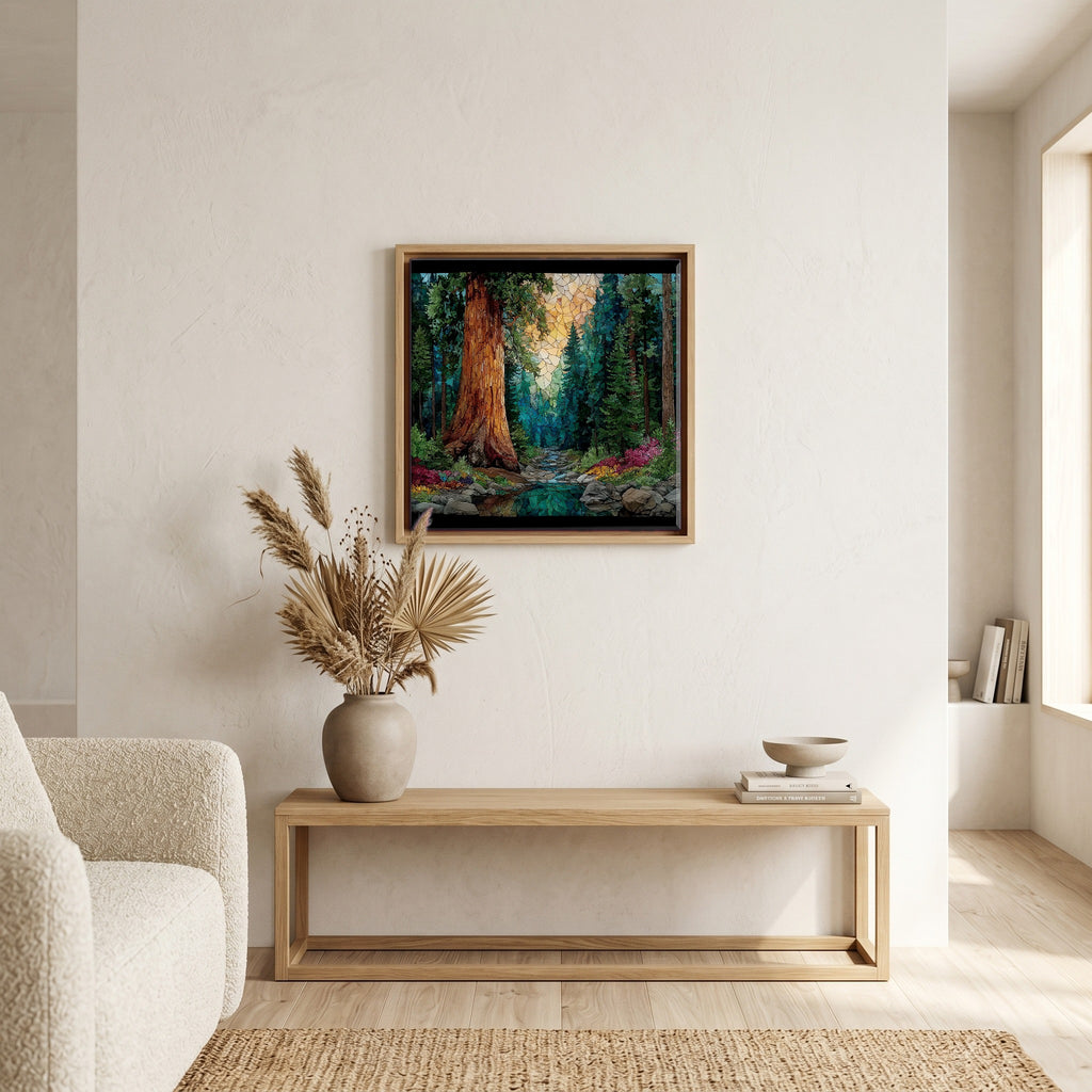 In the living room, above the sofa.