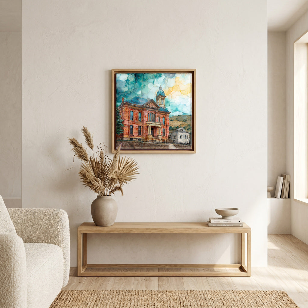 In the living room, above the sofa.