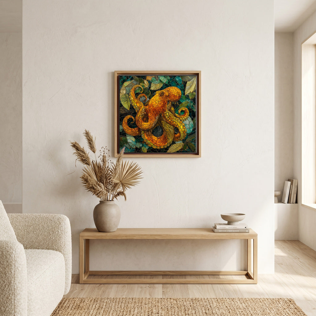 In the living room, above the sofa.