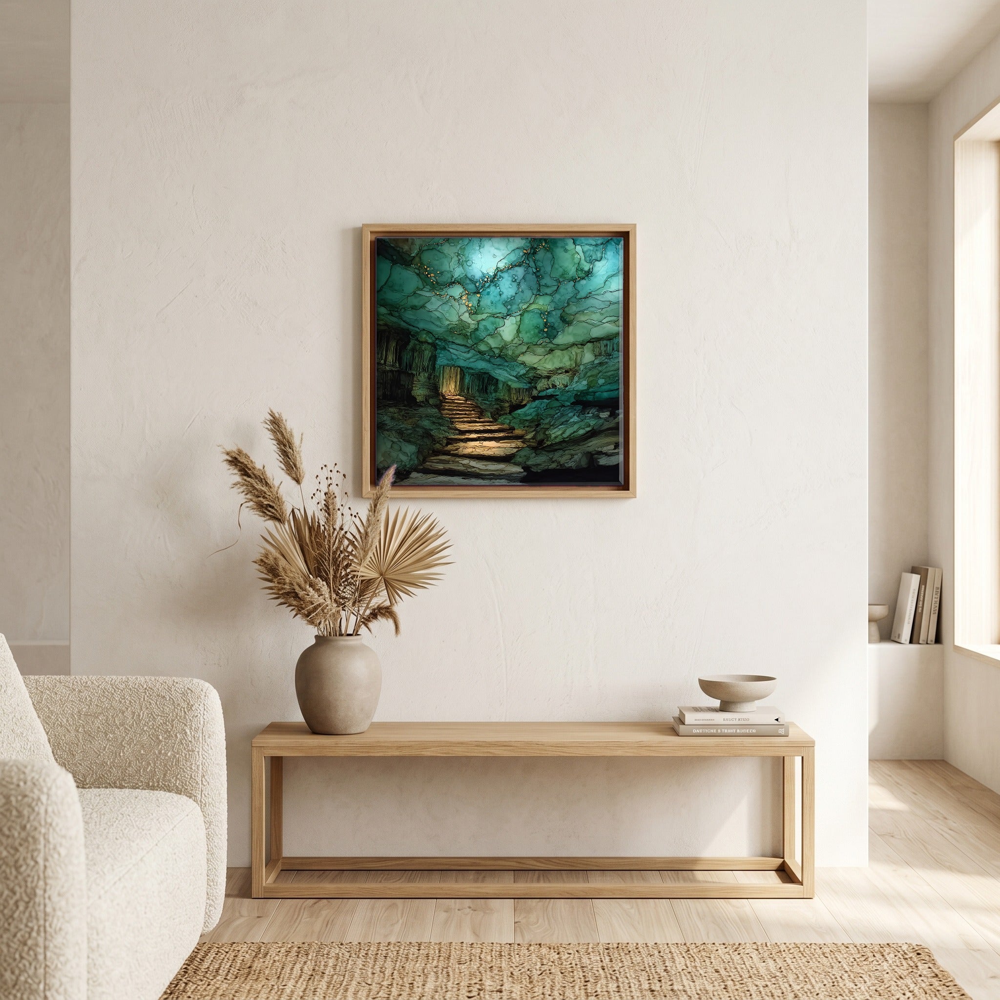 In the living room, above the sofa.