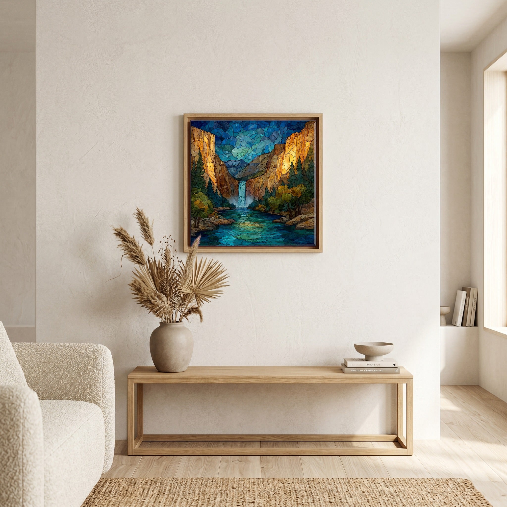 In the living room, above the sofa.