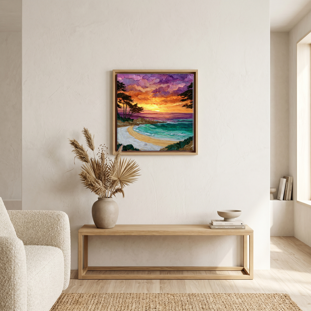 Above the bench, in a warm oak surround.