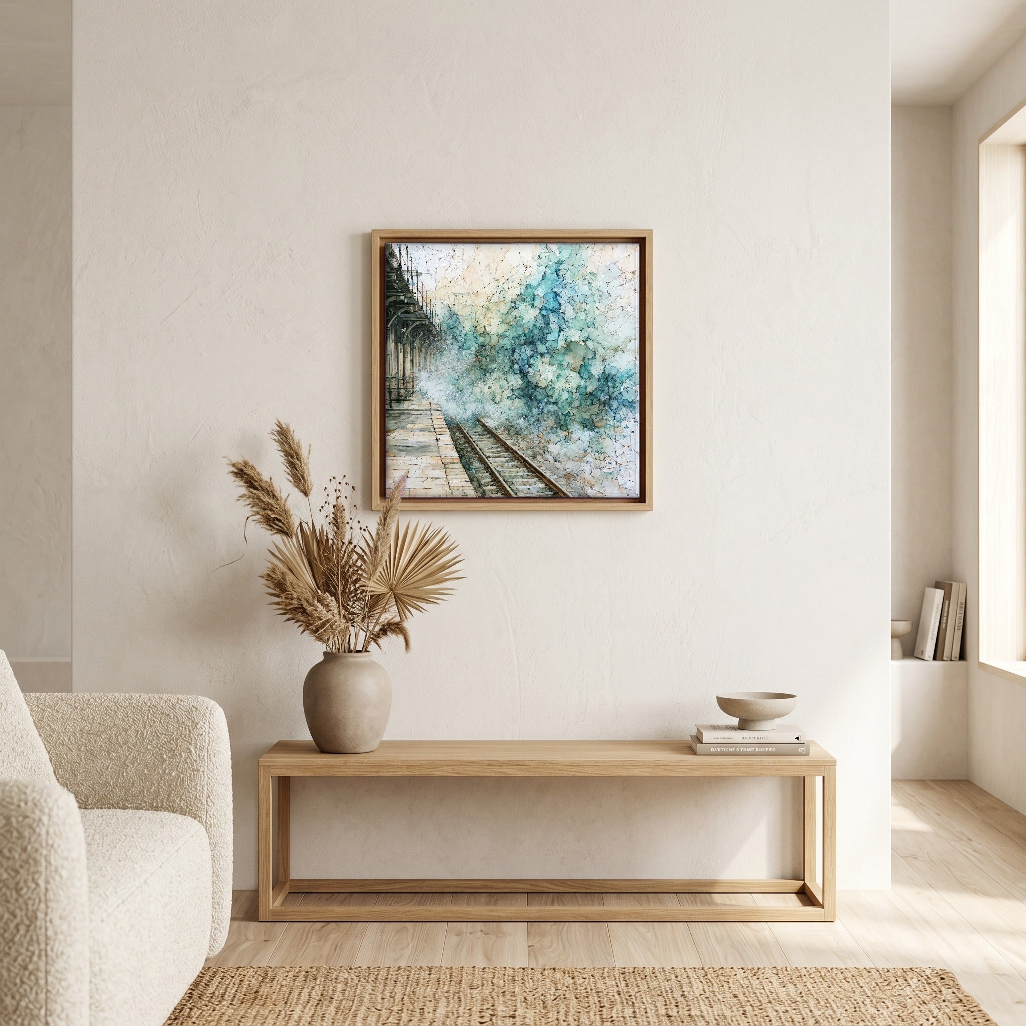 In the living room, above the sofa.