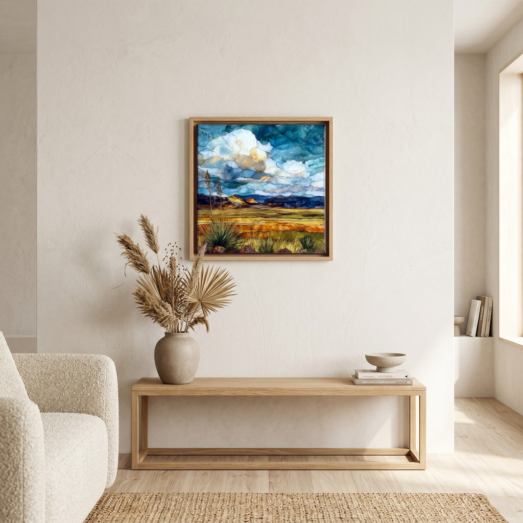 In the living room, above the sofa.