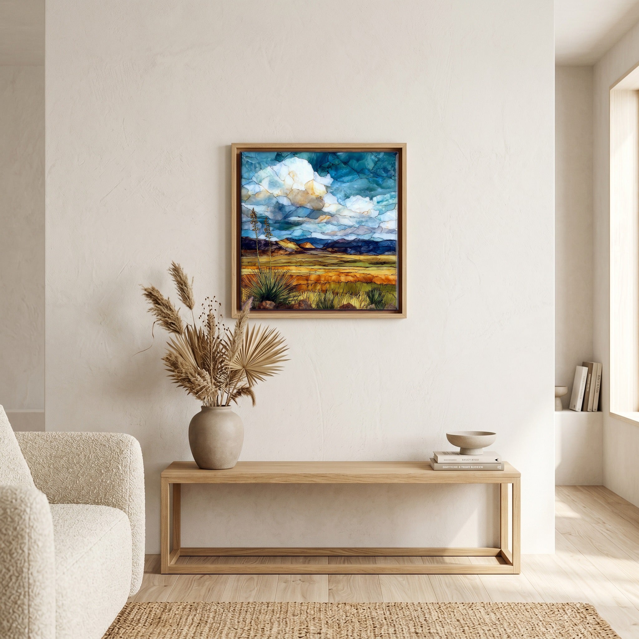 In the living room, above the sofa.