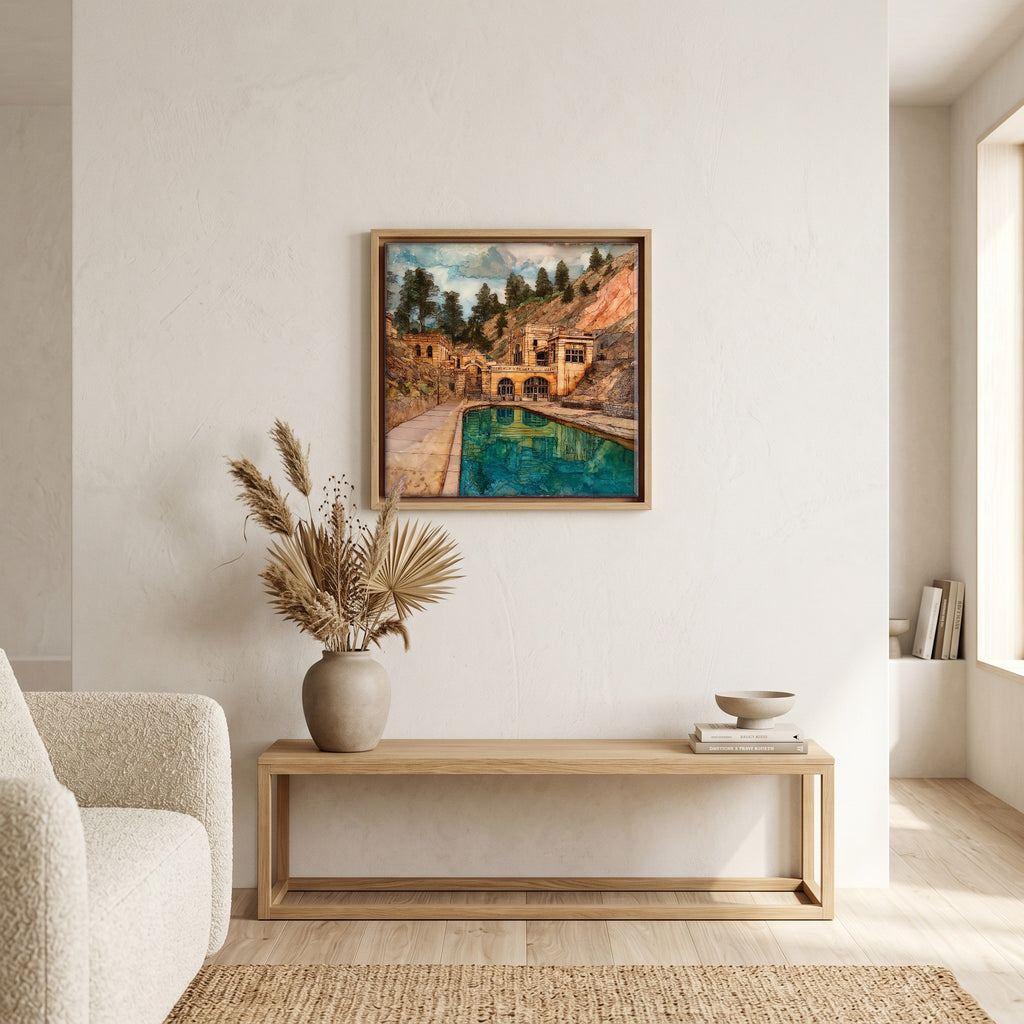 In the living room, above the sofa.