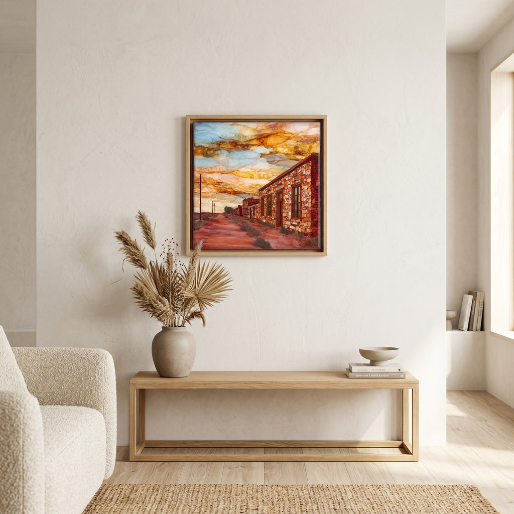 In the living room, above the sofa.