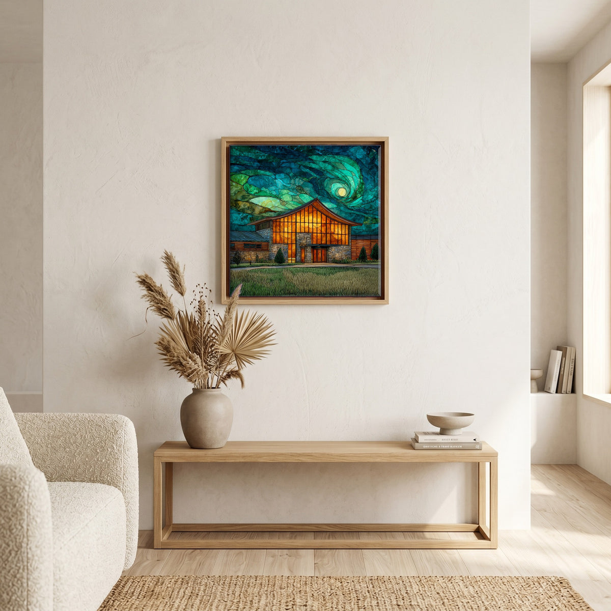 In the living room, above the sofa.