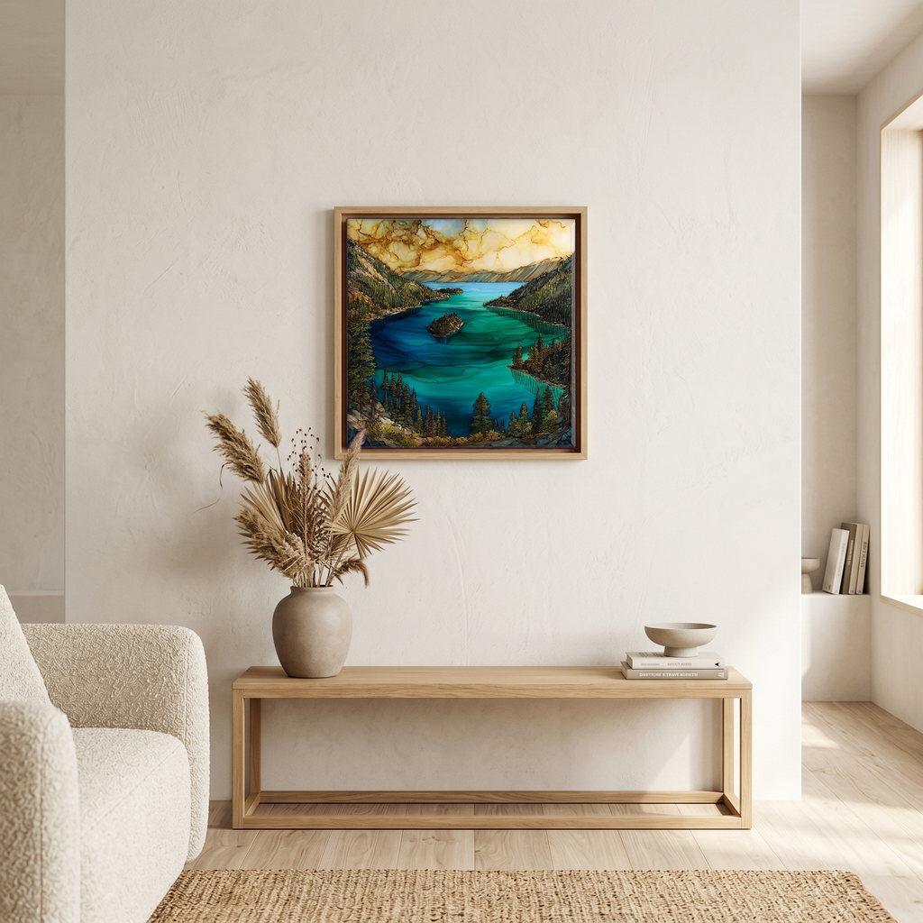 Above the bench, in a warm oak surround.