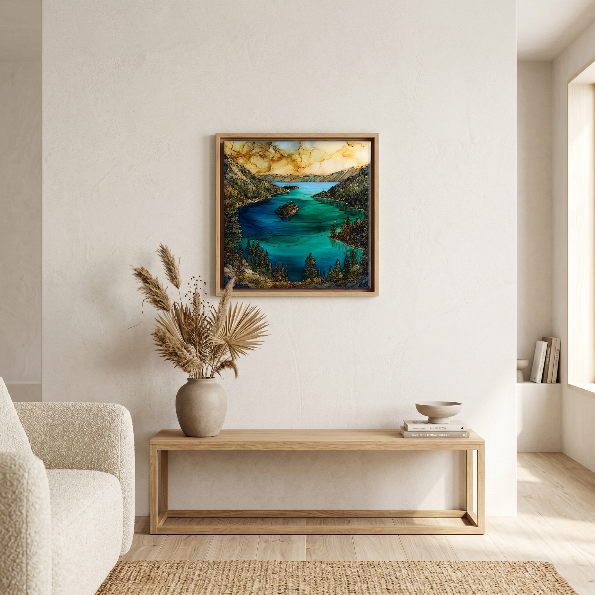 Above the bench, in a warm oak surround.