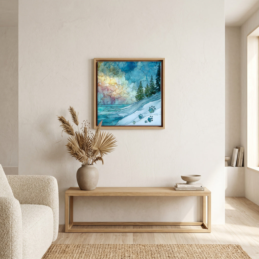 In the living room, above the sofa.