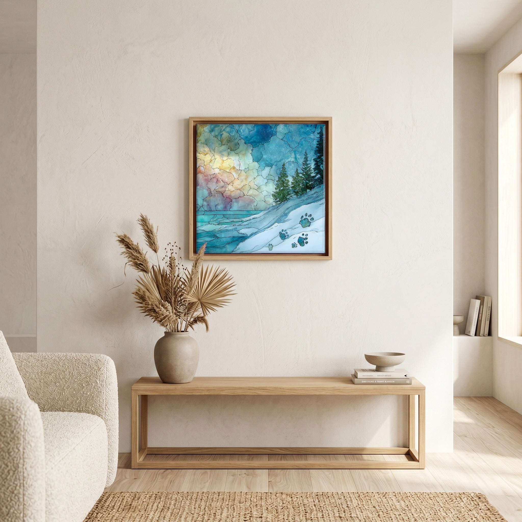 In the living room, above the sofa.