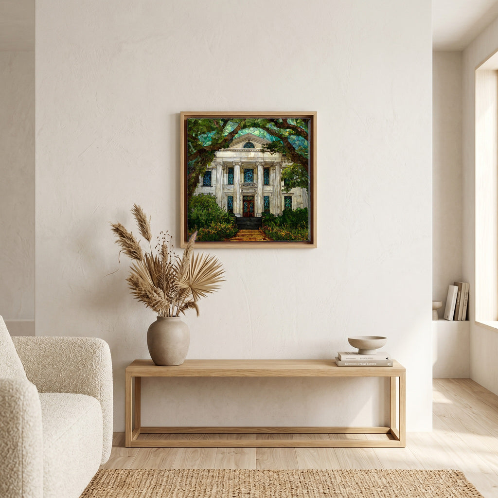 In the living room, above the sofa.