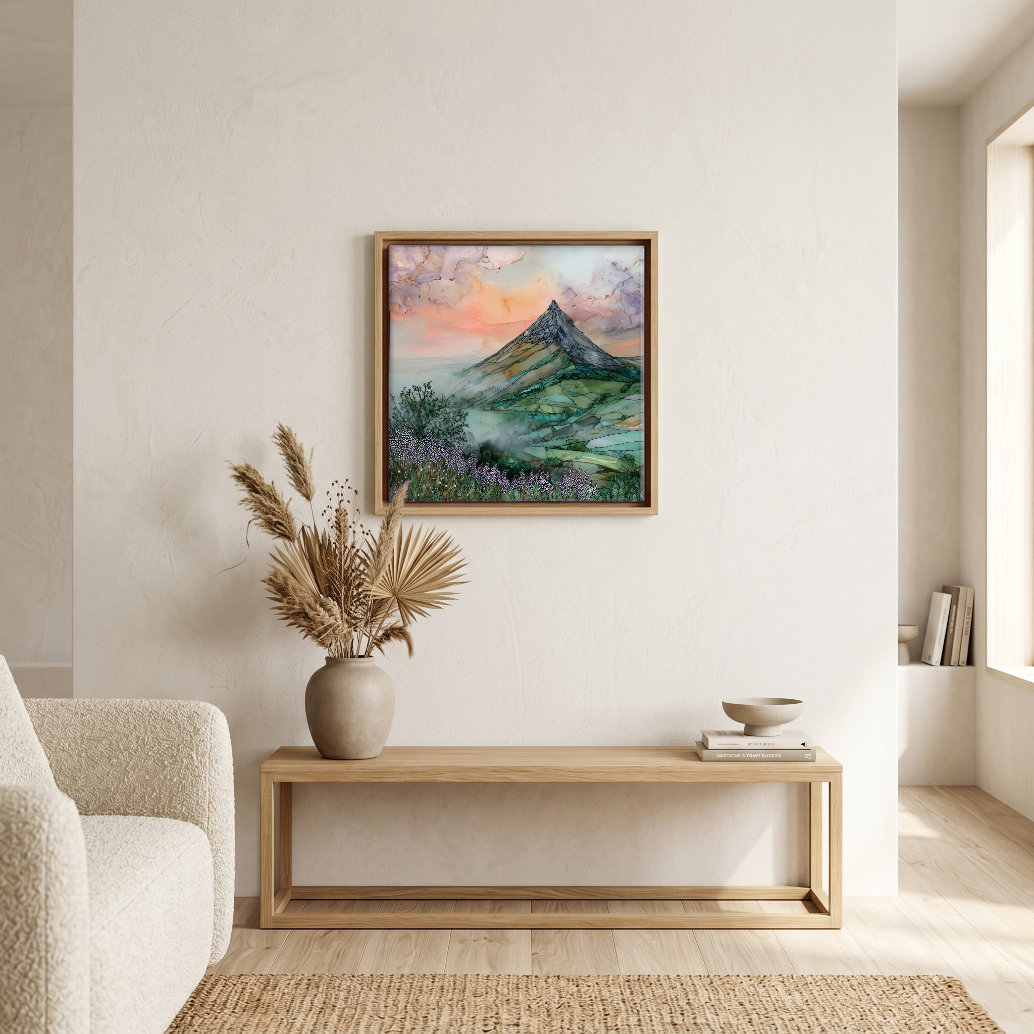 Above the bench, in a warm oak surround.