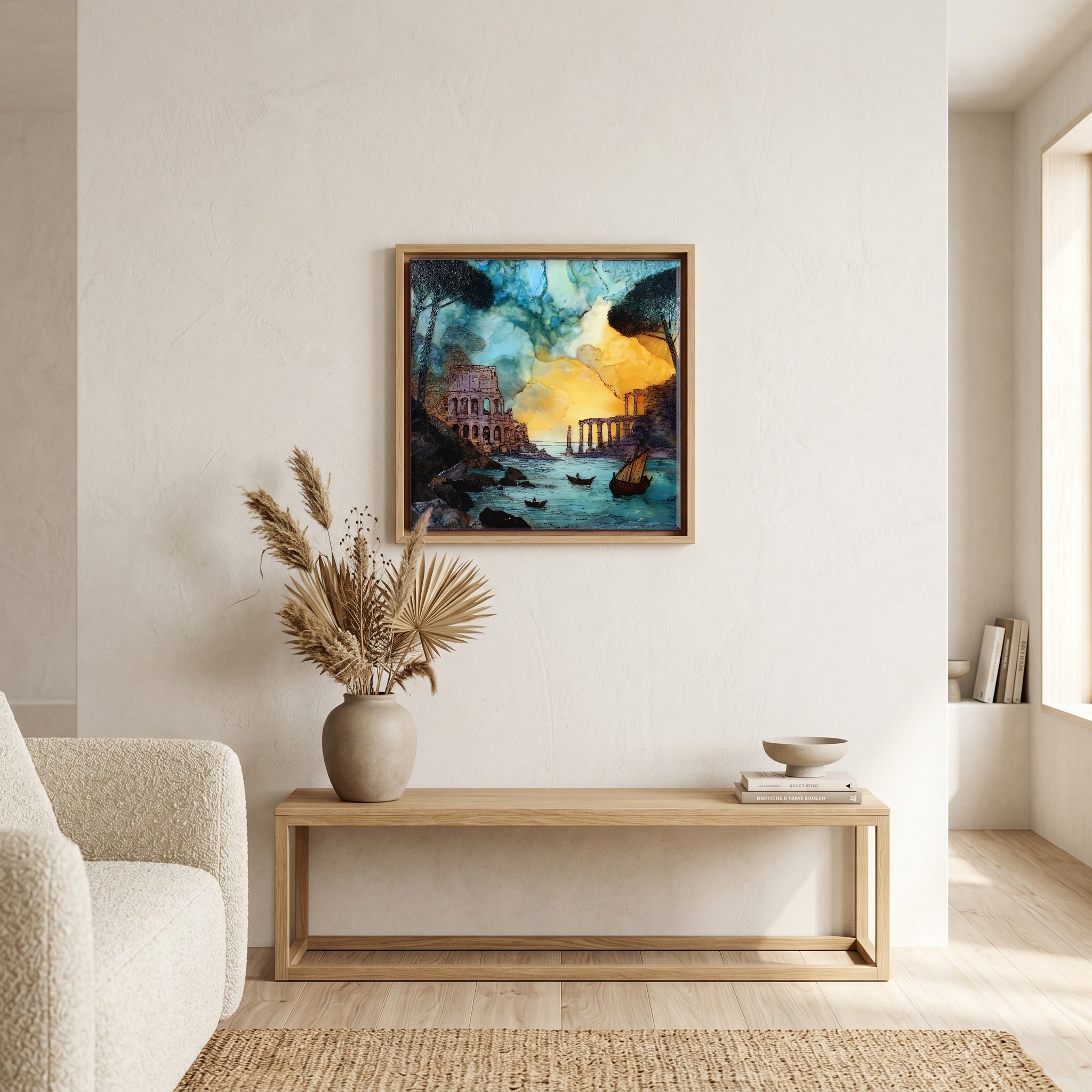Above the bench, in a warm oak surround.