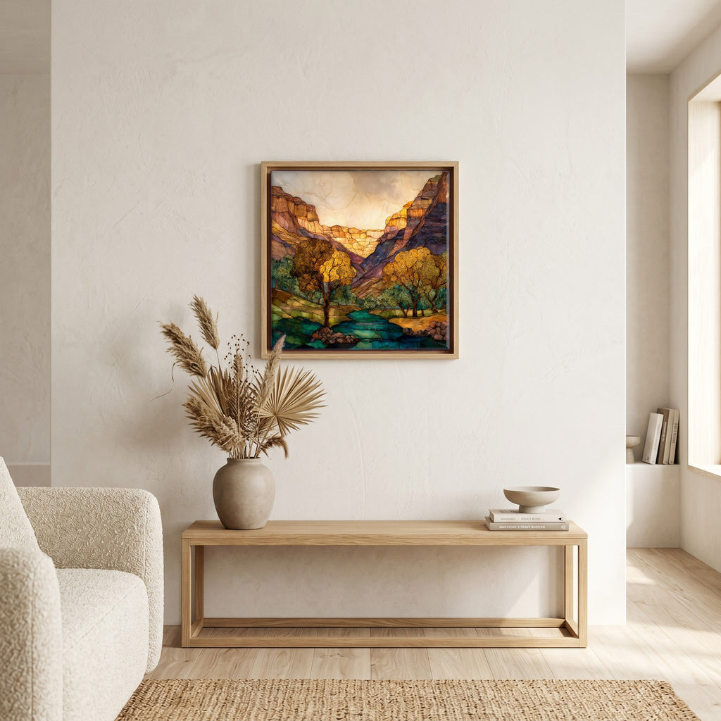 In the living room, above the sofa.