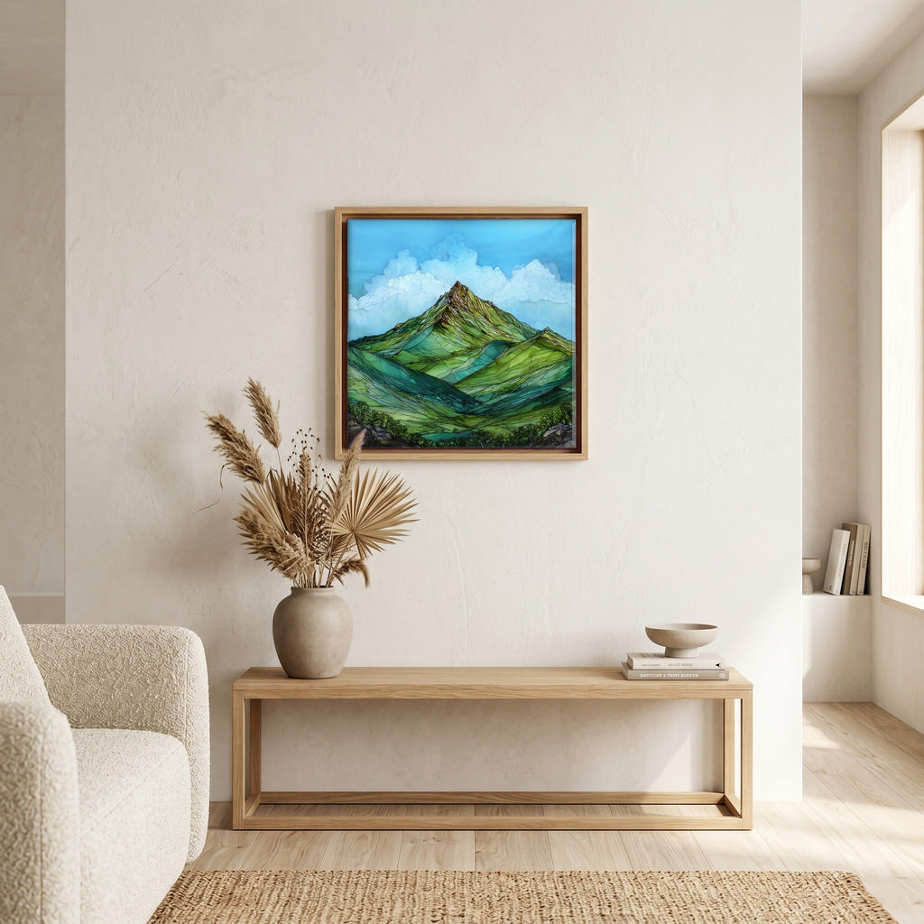 In the living room, above the sofa.