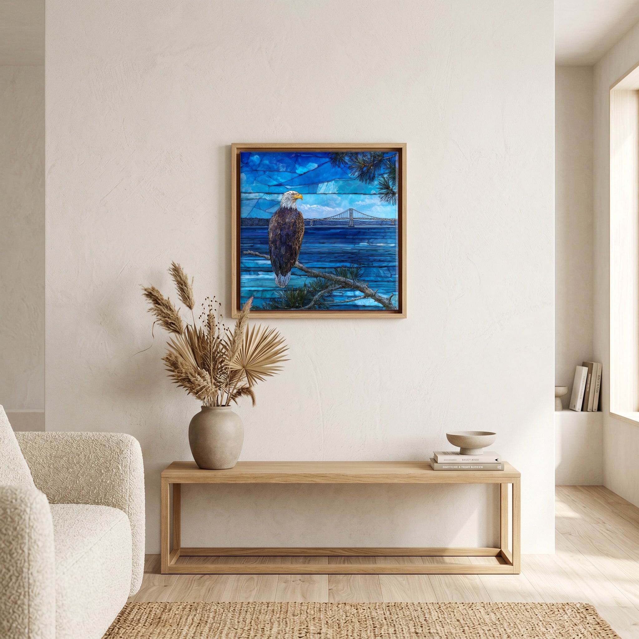 In the living room, above the sofa.