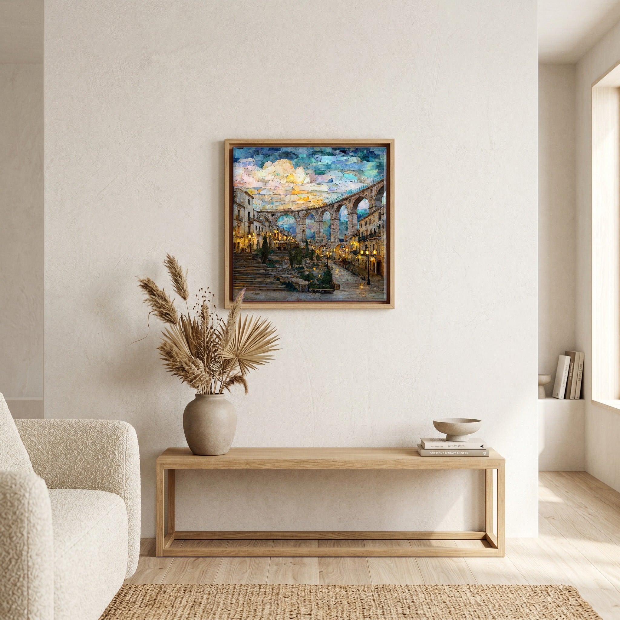 Above the bench, in a warm oak surround.