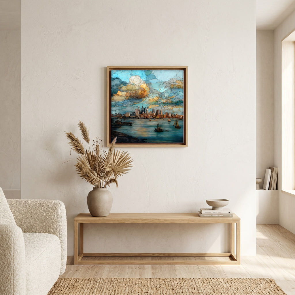 In the living room, above the sofa.