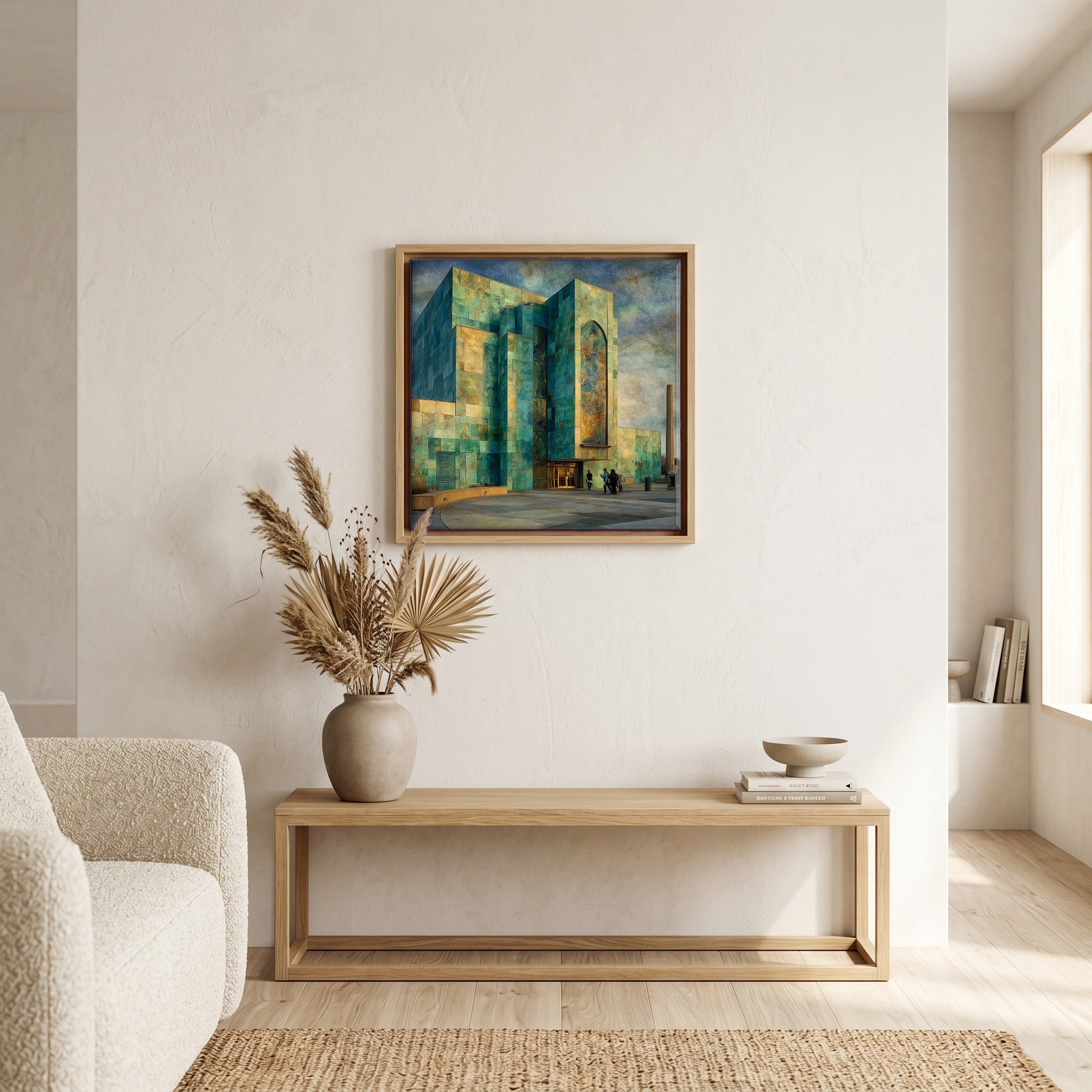 In the living room, above the sofa.