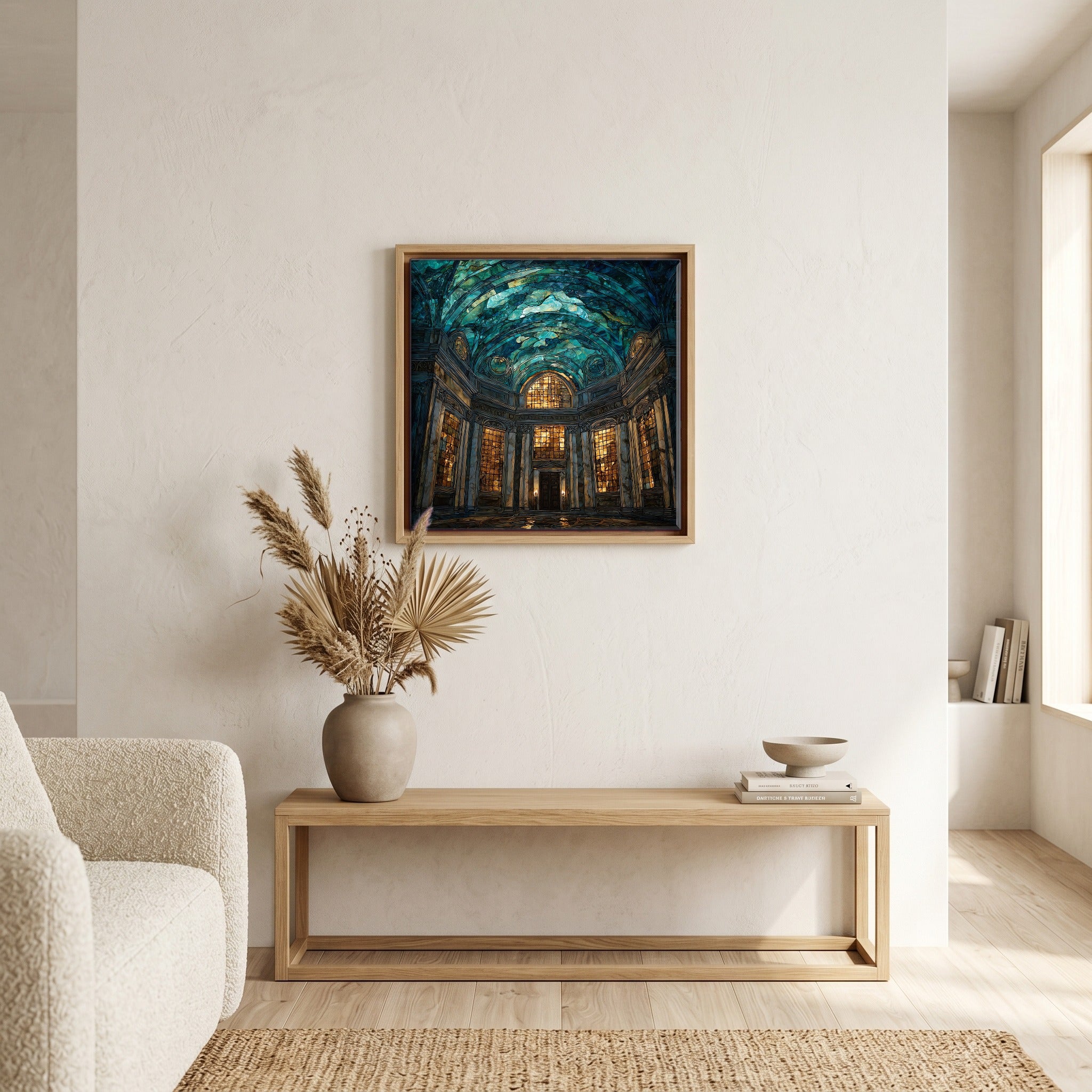 Above the bench, in a warm oak surround.