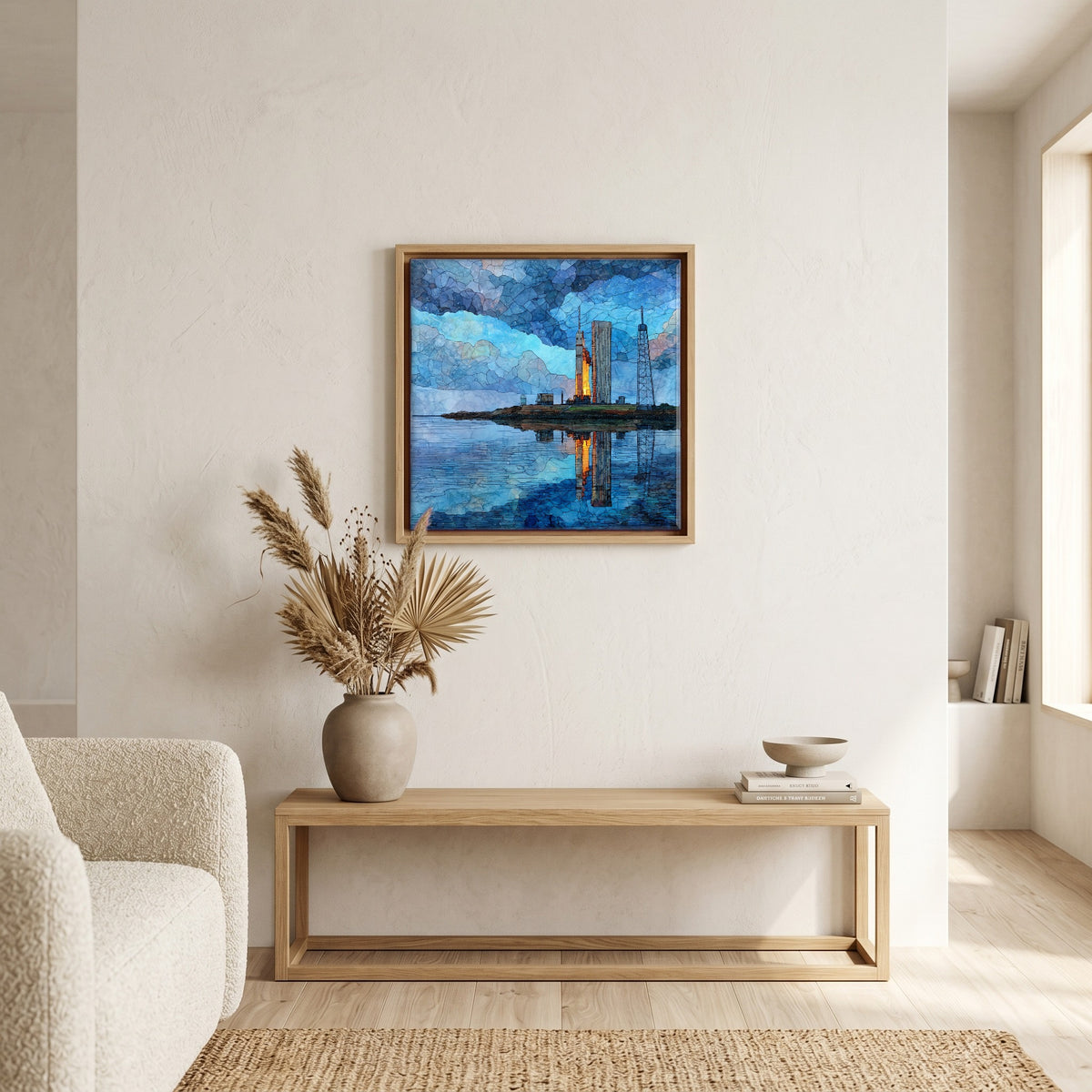 In the living room, above the sofa.