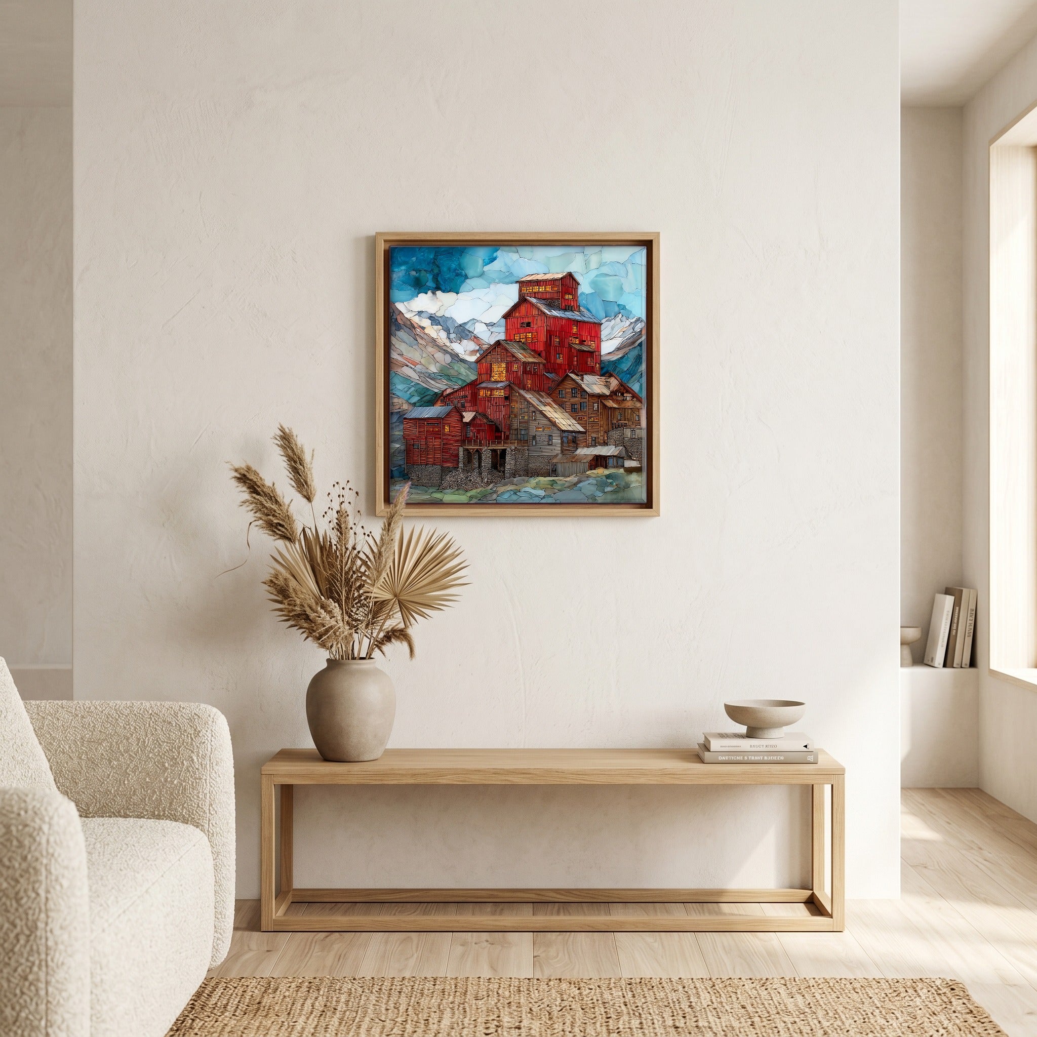 In the living room, above the sofa.