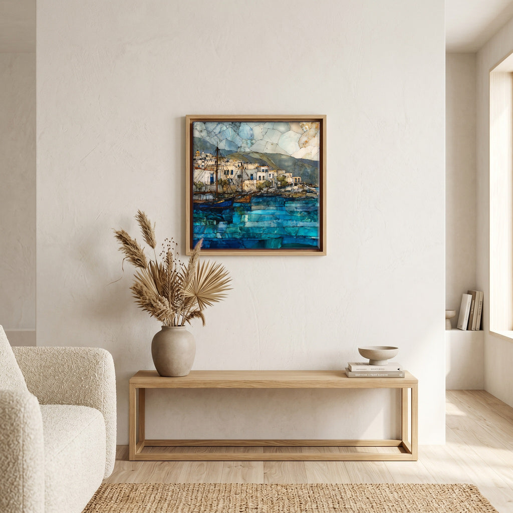 In the living room, above the sofa.