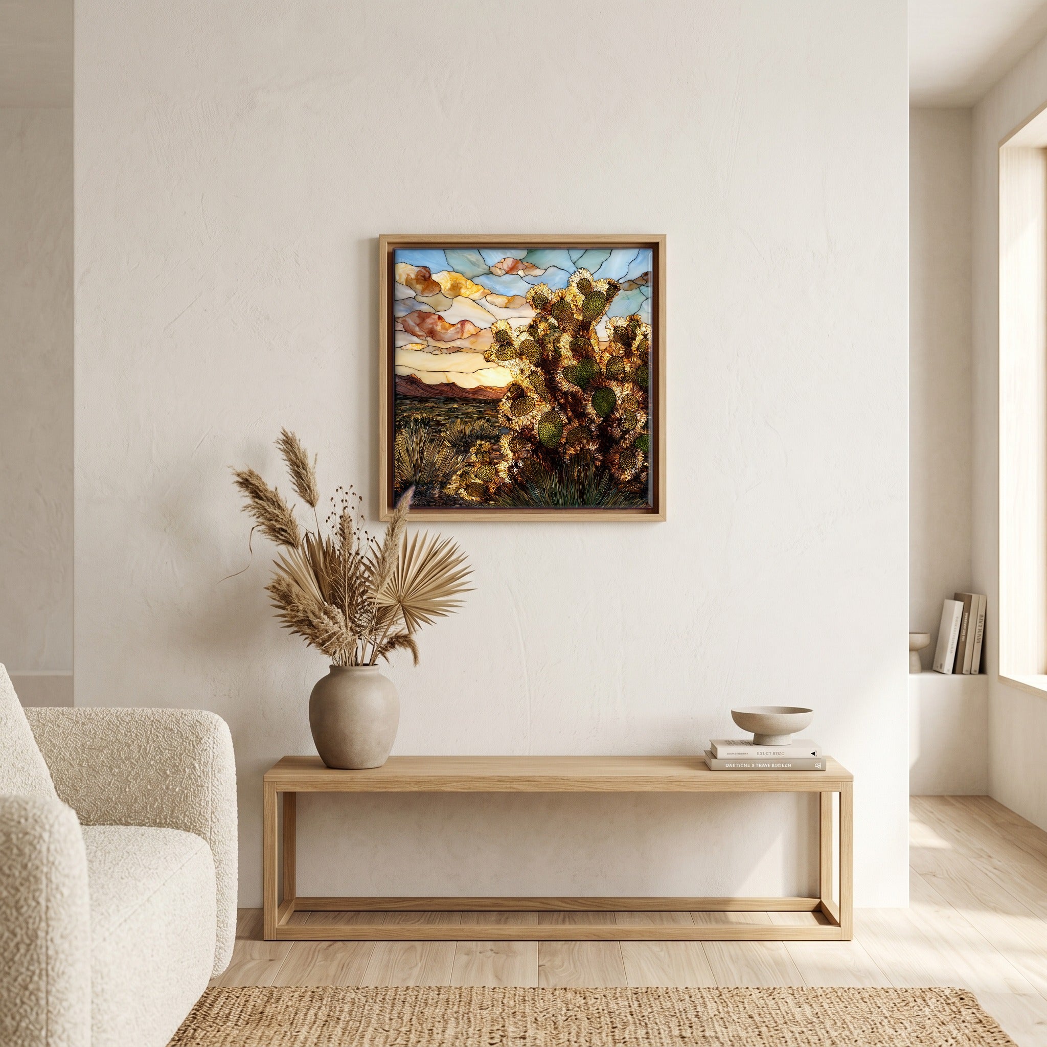 In the living room, above the sofa.