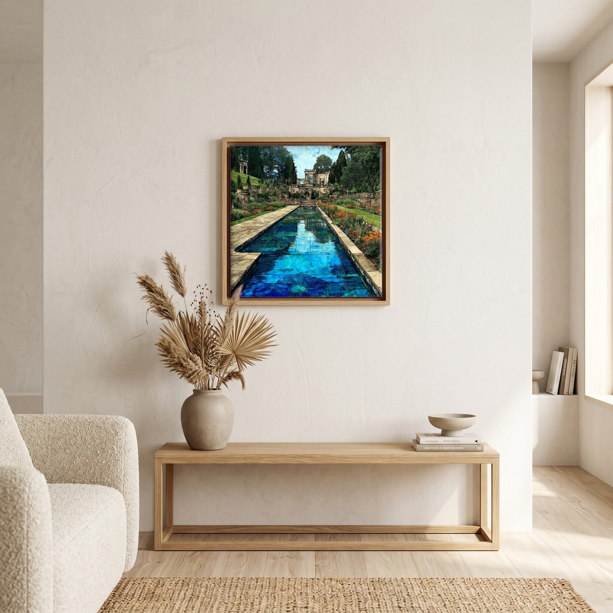 In the living room, above the sofa.