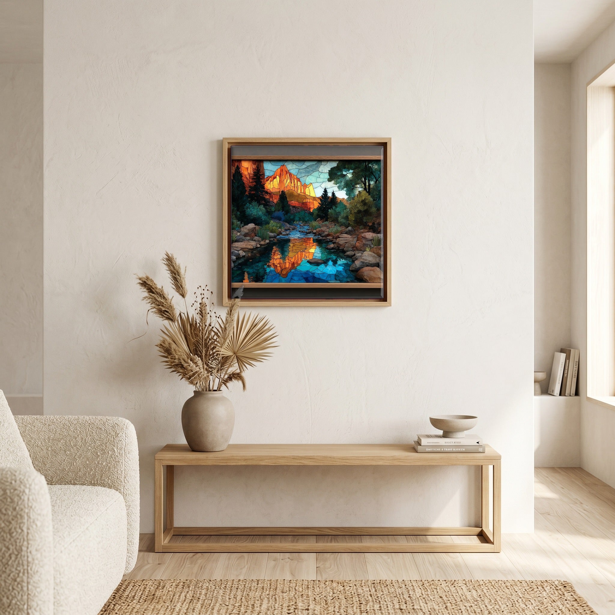 In the living room, above the sofa.