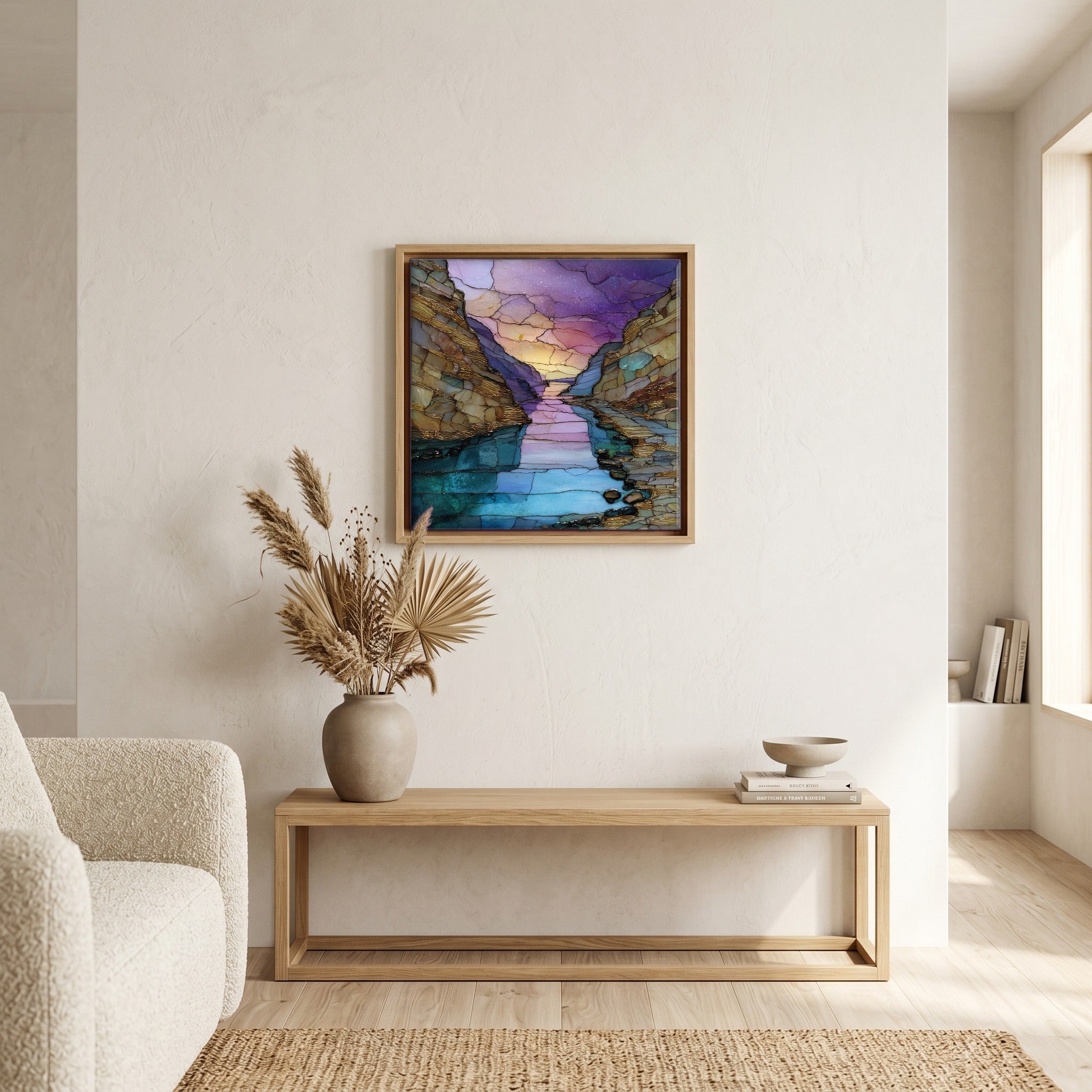 In the living room, above the sofa.