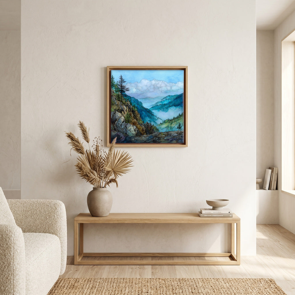 In the living room, above the sofa.
