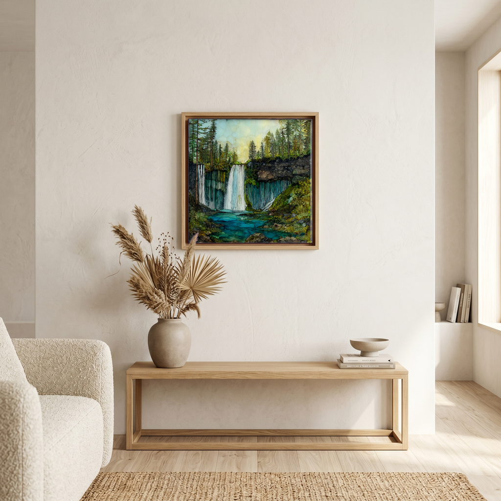 Above the bench, in a warm oak surround.