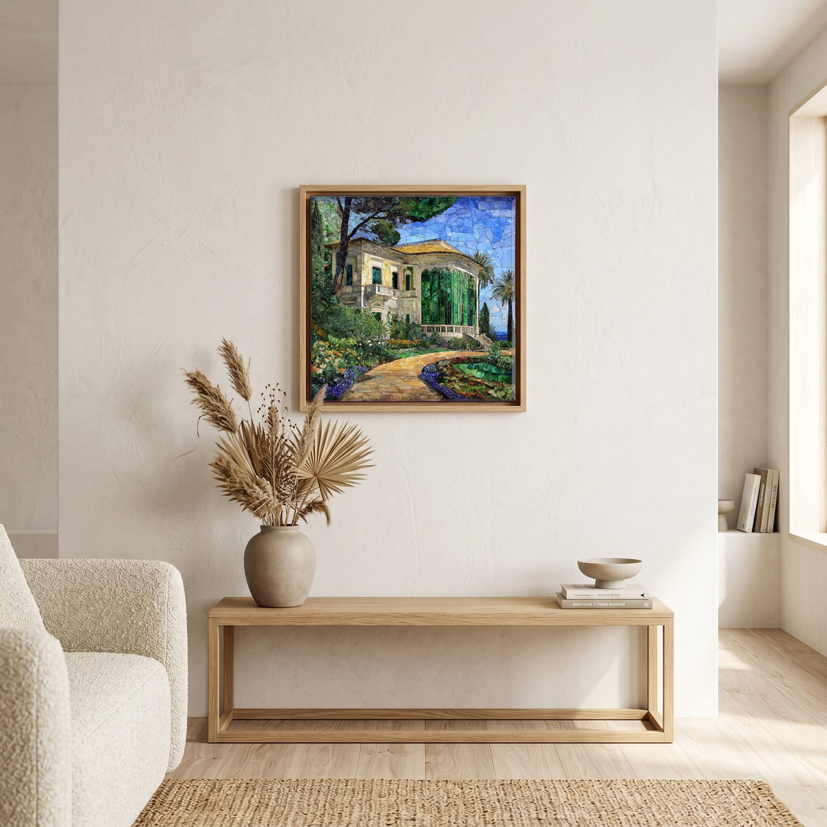 Above the bench, in a warm oak surround.