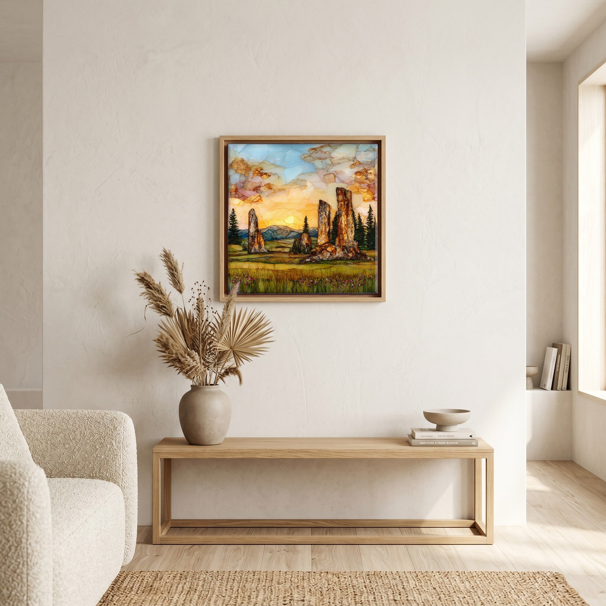 Above the bench, in a warm oak surround.