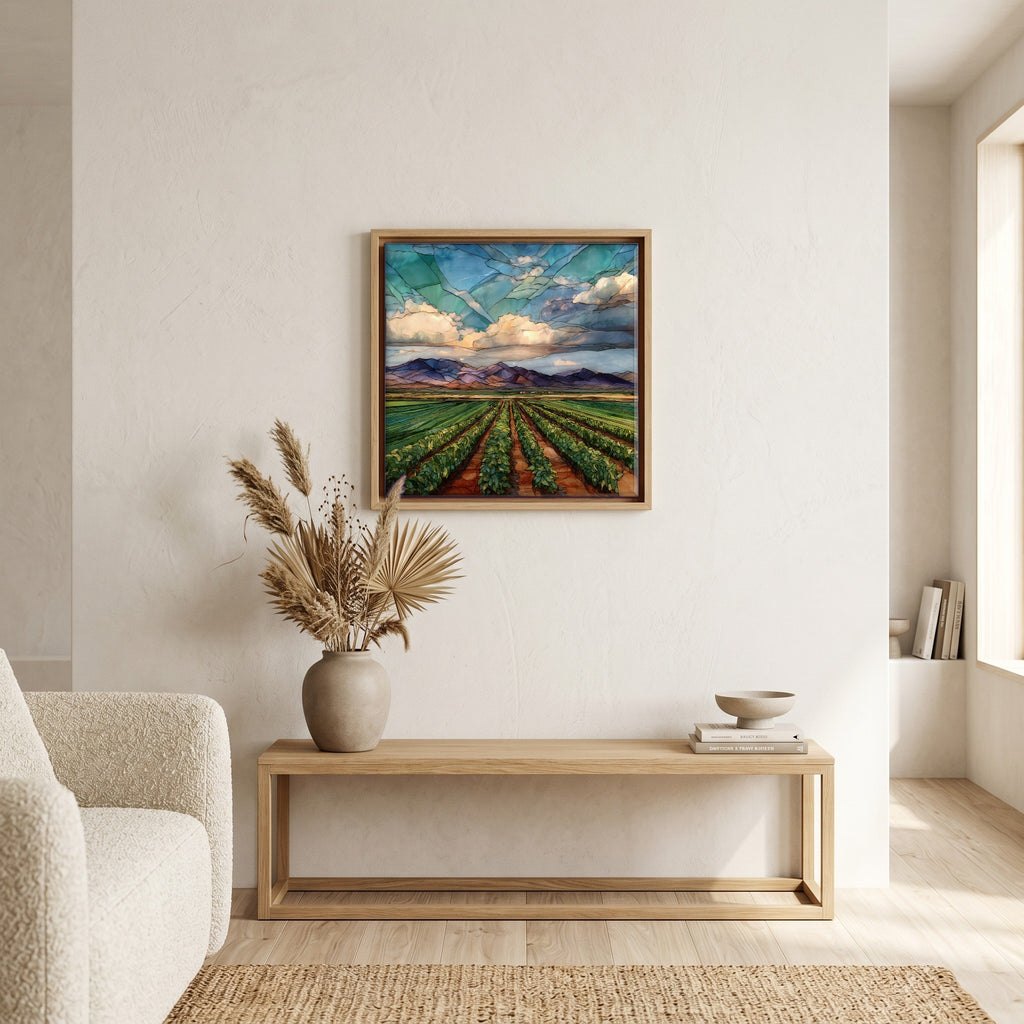 In the living room, above the sofa.