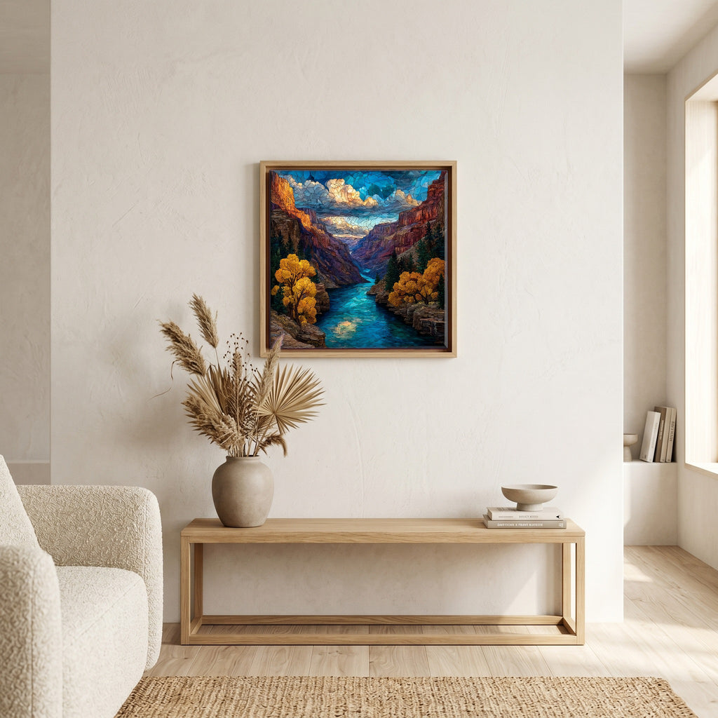 In the living room, above the sofa.