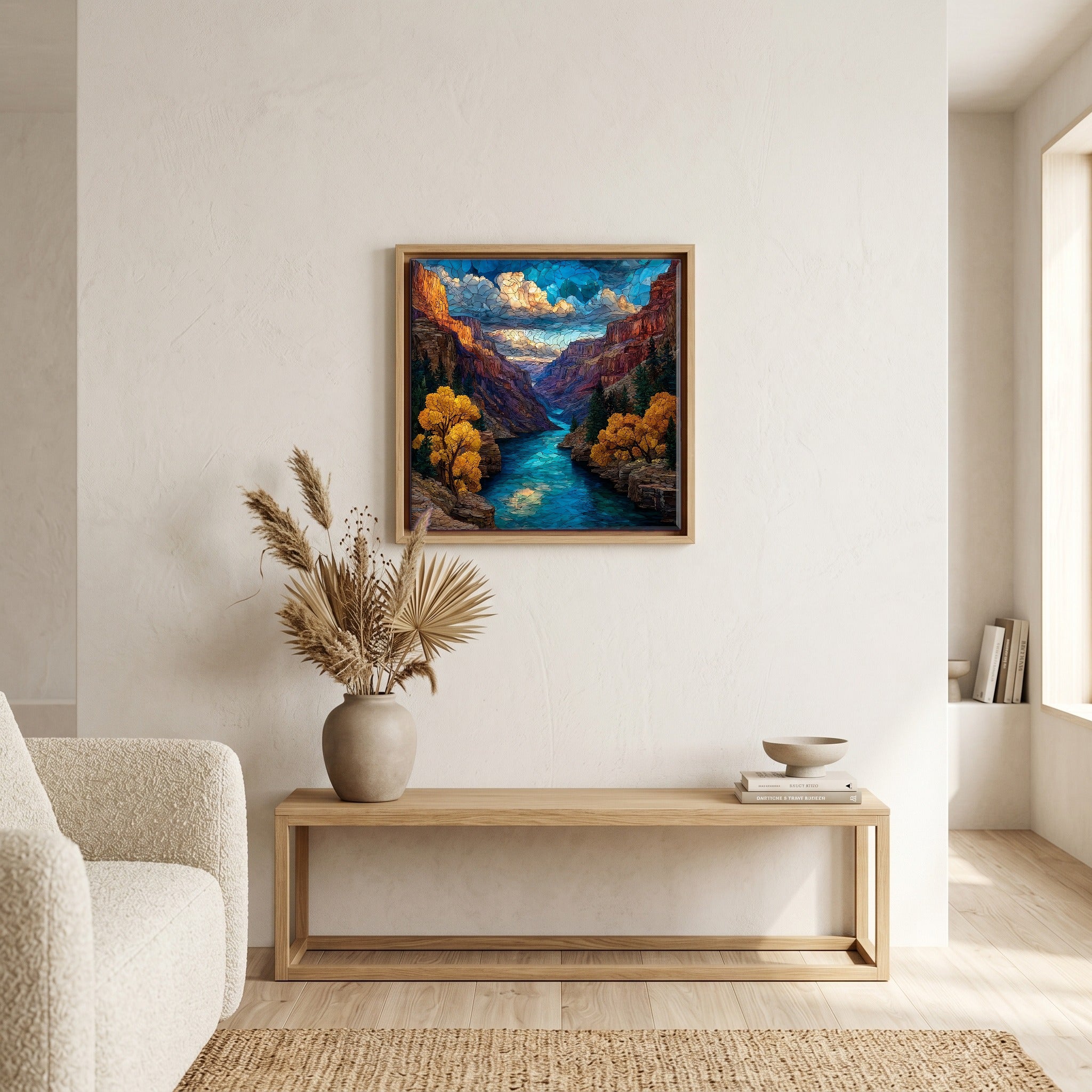In the living room, above the sofa.