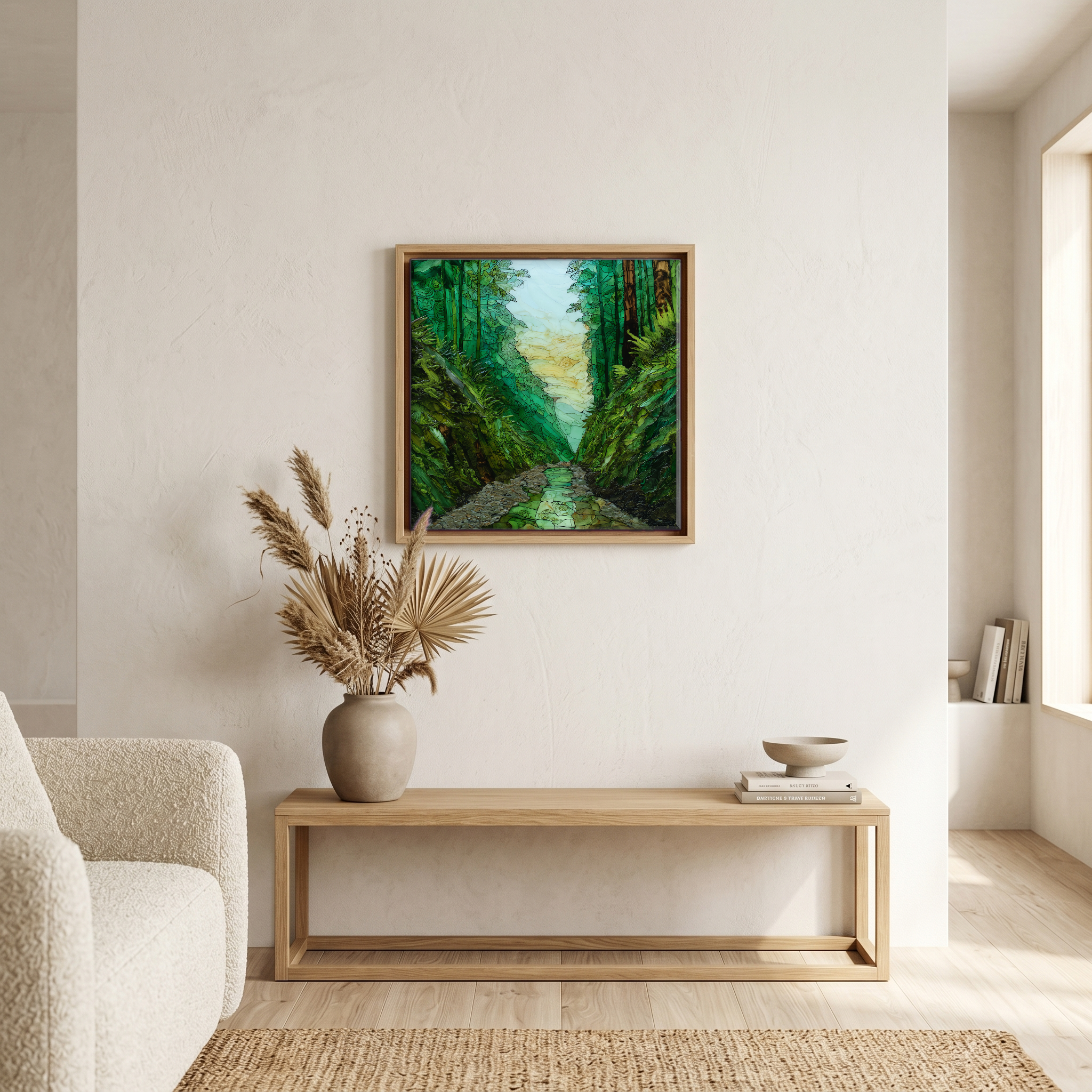 Above the bench, in a warm oak surround.