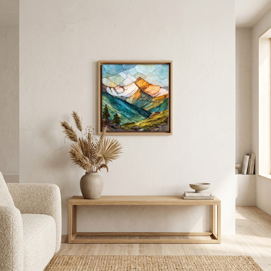 In the living room, above the sofa.