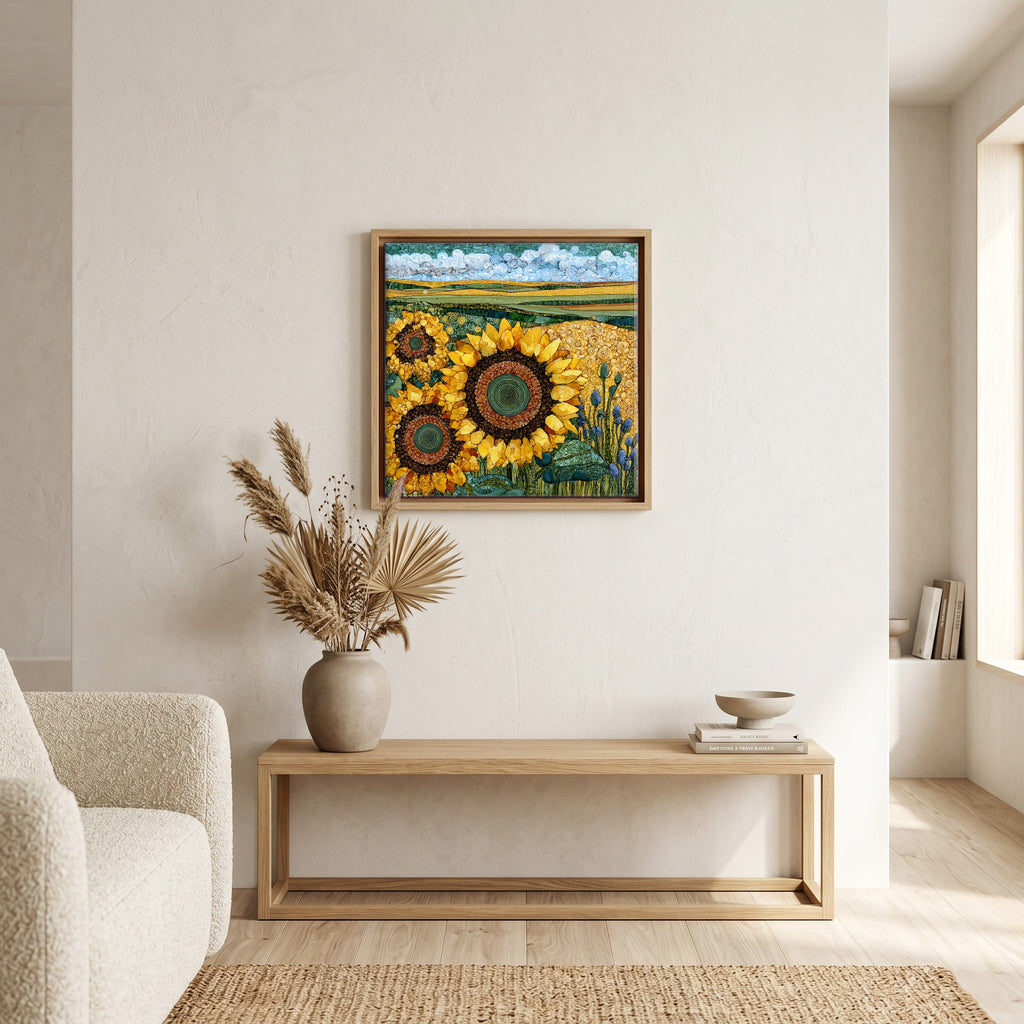 In the living room, above the sofa.