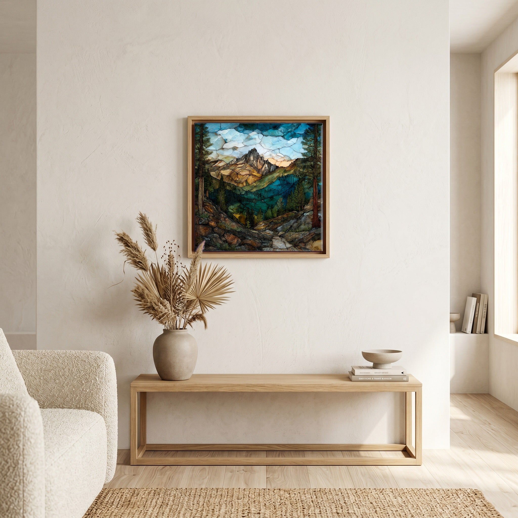 In the living room, above the sofa.