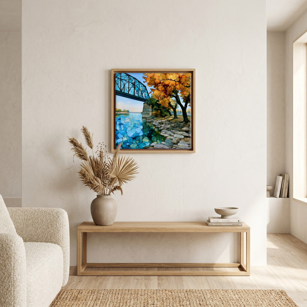 In the living room, above the sofa.