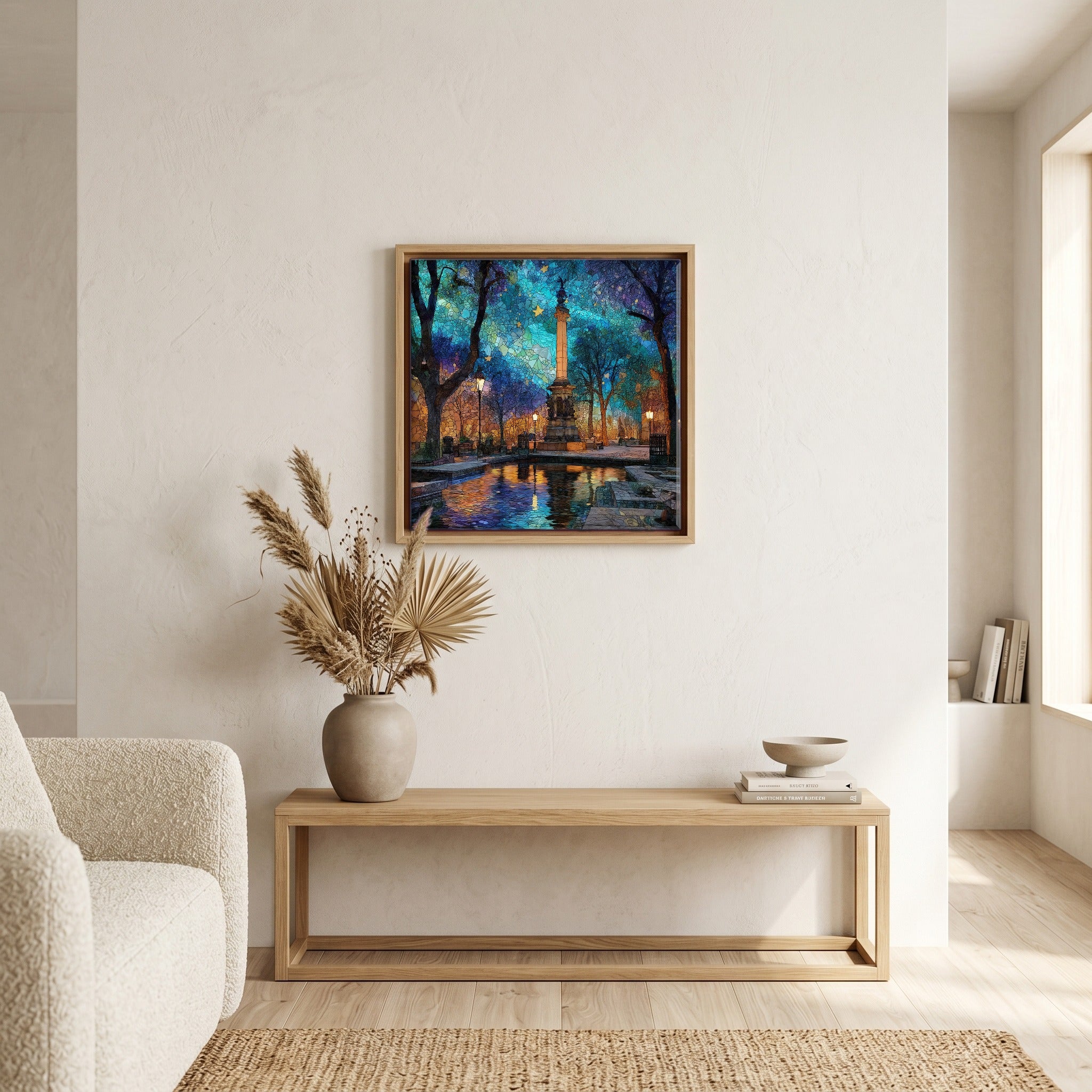 Above the bench, in a warm oak surround.